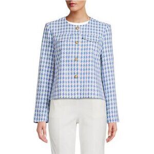 Nanette Lepore Blue Houndstooth Blazer – Size S Button-Up Tweed Jacket $128 NWOT